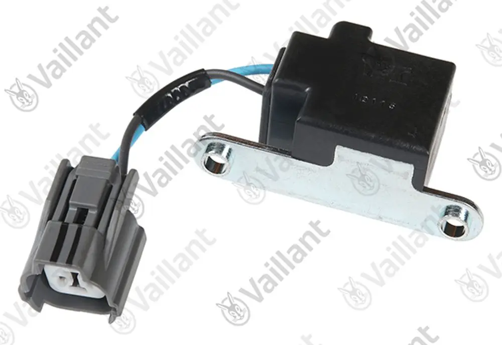 Vaillant Impulsgeber mit einem schwarzen Gehäuse und einer elektrischen Verbindung, angebracht an einer Metallhalterung.